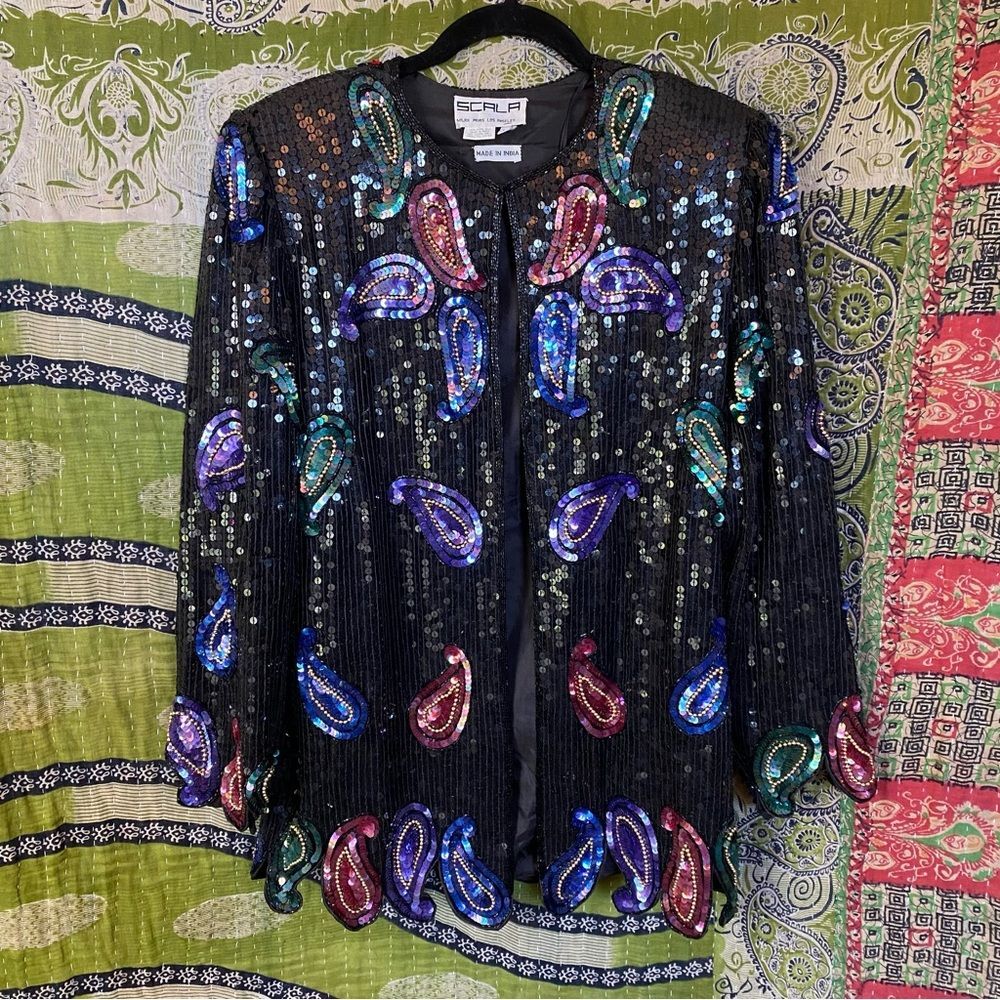 Vintage Scala Black Sequined/ Beaded Silk Jacket Size Extra Large